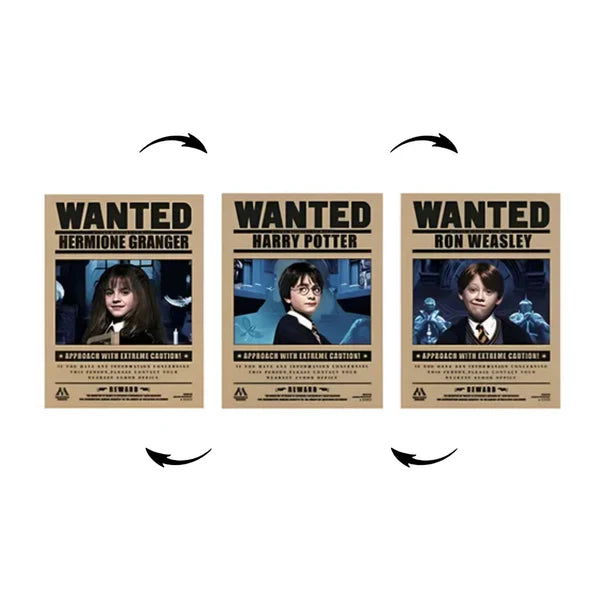 Three 'Wanted' posters featuring Hermione Granger, Harry Potter, and Ron Weasley on a white background.